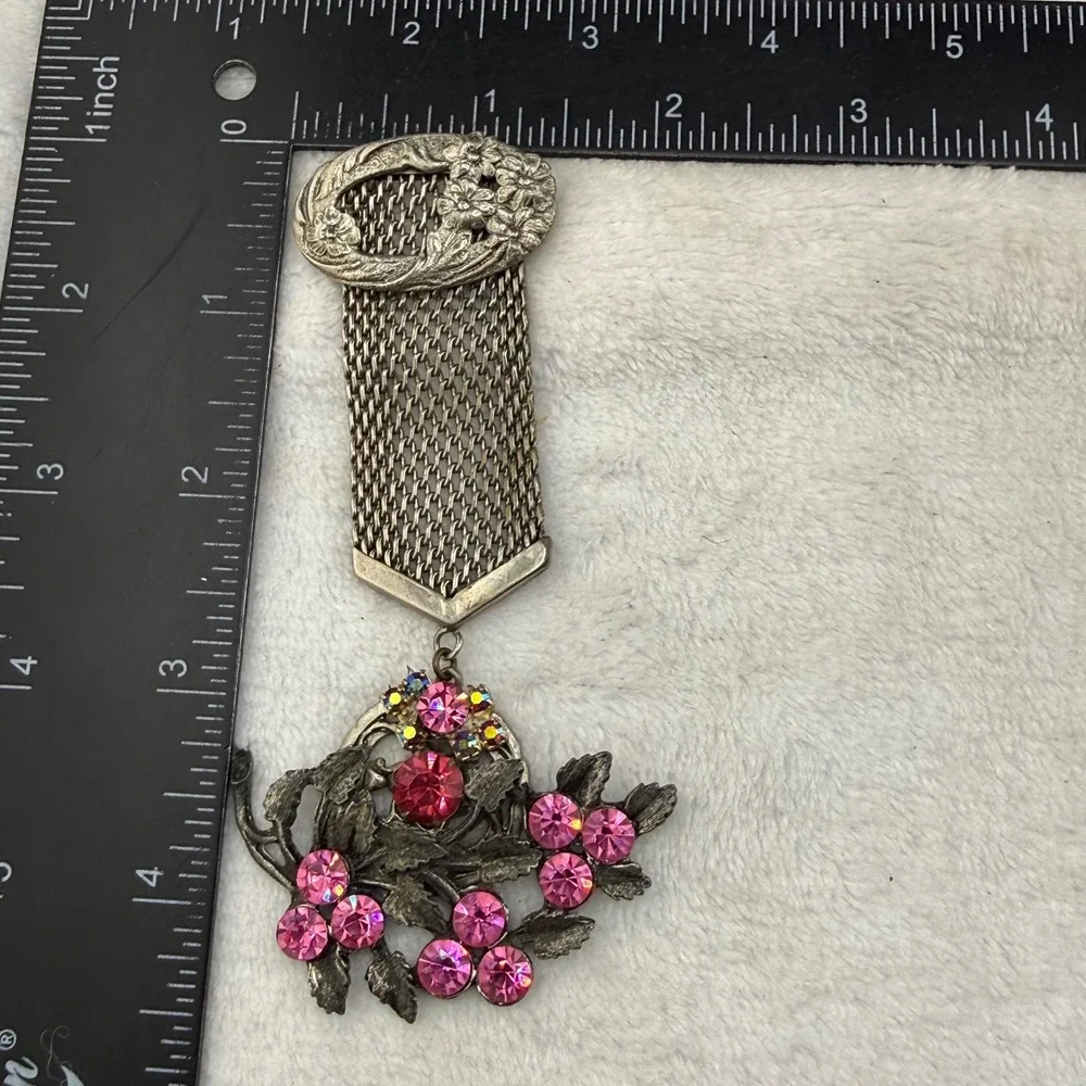 Vintage Brooch Pink Silver Tone Mesh Ribbon Floral Rhinestone Chatelaine Style